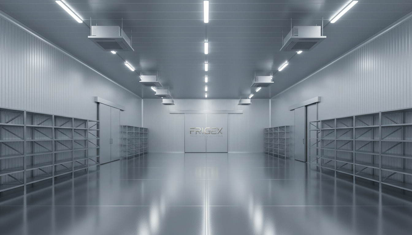 A vast, immaculate industrial cold storage room constructed from sleek, grey metallic insulated panels with subtle horizontal ridges, pristine stainless steel flooring, and ceiling-mounted refrigeration units. The environment is expansive and uncluttered, lined with orderly metallic shelving and large sliding doors. Cool, diffused overhead LED lighting softly illuminates the space, casting gentle reflections and muted shadows across the metal surfaces. The atmosphere is exceptionally professional, calm, and precise, underscoring reliability. Photographed from a slightly elevated, wide-angle perspective to emphasize scale and structured layout. The composition has balanced symmetry and sharp focus throughout, with a photographic realism that is clean, modern, and corporate in style, highlighting the integrity and technological sophistication of FRIGEX cold storage solutions.