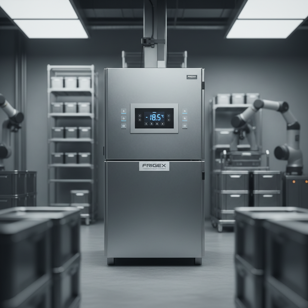 A close-up of a high-tech, stainless steel modular refrigeration unit with precise digital temperature controls, seamless welds, and a smooth, brushed grey metallic finish. The unit is installed within a meticulously organized cold storage warehouse, surrounded by other industrial-grade equipment, all exhibiting a consistent grey metallic palette. Even, cool-toned studio-like lighting accentuates the machine's refined surfaces and textural details, creating crisp highlights and subtle shadow contours. The mood is focused and technical, conveying trust and advanced engineering. Composed at eye-level with the unit centered, using shallow depth of field to keep attention on the machine. The overall style is modern, professional, and sharply photographic, perfectly suited for communicating the technological leadership of FRIGEX.