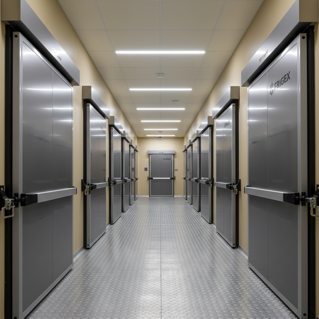 A bank of insulated cold storage doors constructed from heavy-duty grey metallic composite, featuring robust industrial hardware and subtle branding. These doors are neatly aligned within a pristine, minimalist corridor finished in soft neutral tones, with non-slip metallic flooring underfoot. Gentle, evenly distributed overhead LED strip lighting provides a bright yet soft ambiance, casting faint linear reflections along the corridor and on the doors' metallic sheets. The mood is orderly and secure, suggesting dependability and controlled access. Captured from a straight-on, symmetrical angle with crisp clarity, the photographic composition presents clean lines, structured geometry, and a corporate modern aesthetic, embodying FRIGEX's commitment to quality and safety.