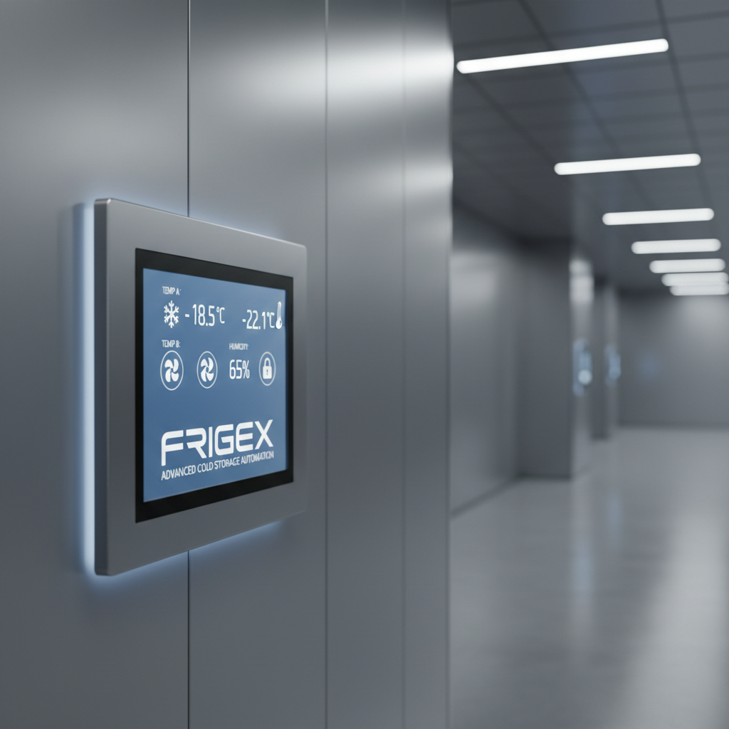 A sleek, wall-mounted metallic digital control panel for cold storage management, framed by clean, grey steel wall surfaces. The screen displays precise temperature readouts and diagnostic icons on a soft blue interface. The surrounding environment is a spotless facility corridor, finished in matching metallic grey. Controlled, cool LED backlighting on the panel and subtle ambient lighting in the corridor create a modern, professional glow. The mood is hi-tech, efficient, and secure, giving a sense of innovation and precise control. Composed at a slight angle for depth and interest, with sharp focus on the panel. The overall look is corporate, minimalist, and photographic, asserting FRIGEX's advanced capabilities in cold storage automation.